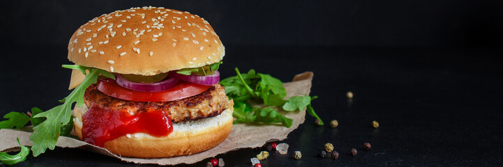 burger meat cutlet beef steak, tomato, sauce and lettuce (tasty meat snack sandwich) menu concept. food background. top view. copy space