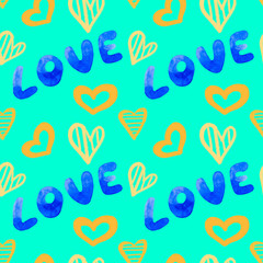 Seamless pattern with hearts and the word Love. Golden hearts isolated on Aqua Menthe background. Pattern with the trend color of 2020. Hand-drawn stock illustration