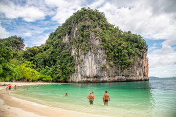 HONG ISLAND, THAILAND - DECEMBER 17, 2019: Tourists visit Hong Island in Phuket Province, Thailand