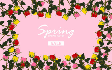Spring sale banner with colorful rose flowers on a pink background. Vector design for use banner promotions, magazines, advertising, web sites