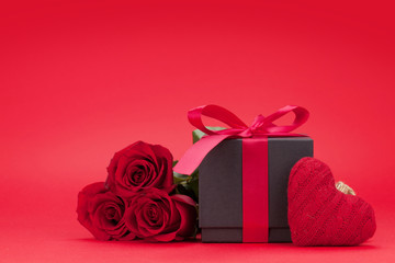 Valentines day card with gift box and rose flowers