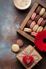 Valentines day card with gift, cookies and coffee cup