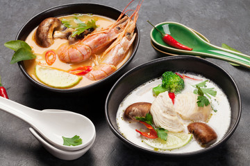 Tom Yum and Tom Kha traditional Thai soups