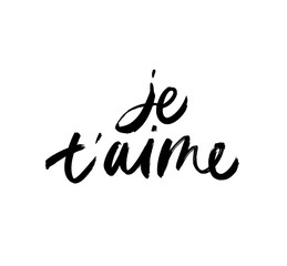Je taime black ink vector lettering. I love you in french grunge handwritten inscription. Romantic hand drawn phrase