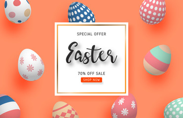 Happy Easter sale banner template with colorful Easter egg on background in paper cut style. Vector illustration. Poster, banner, flyer, backdrop, brochure.