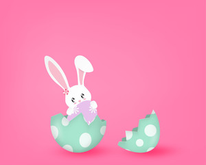 Happy Easter day with cute bunny in a half broken egg on pink background in paper cut style. Vector illustration. Poster, banner, backdrop, wallpaper.