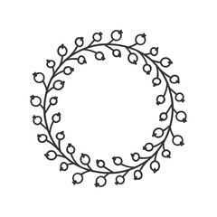 Hand drawn wreath for design use. Black Vector doodle flowers on white background. Abstract pencil boho drawing branch circle. Artistic illustration elements plant and bloom
