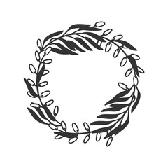 Hand drawn wreath for design use. Black Vector doodle flowers on white background. Abstract pencil boho drawing branch circle. Artistic illustration elements plant and bloom