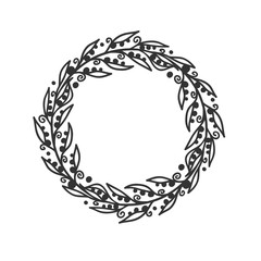 Hand drawn wreath for design use. Black Vector doodle flowers on white background. Abstract pencil boho drawing branch circle. Artistic illustration elements plant and bloom