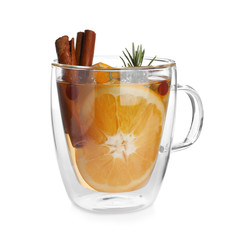 Delicious aromatic mulled wine isolated on white