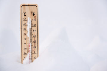 Wooden thermometer in the winter. 