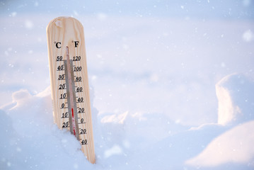Wooden thermometer in the winter. 