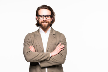 Half-length portrait of business man with crossed hands, isolated on white background. Concept of leadership and success