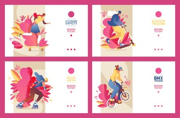 Set of concept sport banners with young girls with active lifestyle. Outdoor vehicles like bmx, scooter, roller skates and skateboard, vivid colors with pink leaves, decoration. Landing page template