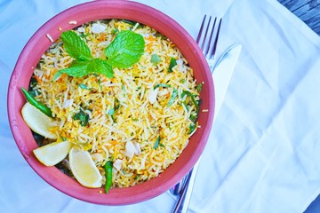 A dish of vegetable biryani at an Indian restaurant