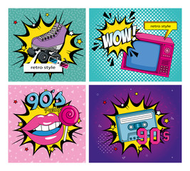 set poster of nineties retro style with icons vector illustration design