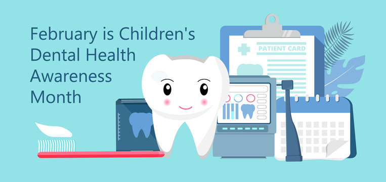 Children's Dental Health Awareness Month In February Concept Vector. National Dental Hygiene Month, Week, Day. Tiny Dentist Cleaning Cute Tooth To Help Toothache