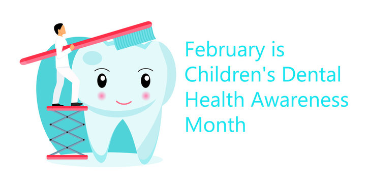 Children's Dental Health Awareness Month in February concept vector. National Dental Hygiene Month, week, day. Tiny dentist cleaning cute tooth to help toothache