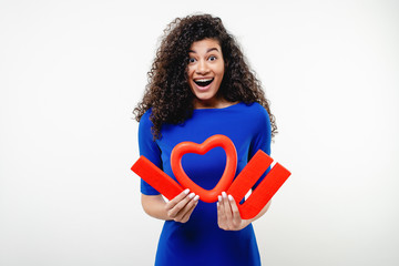 black woman with red i love you letters and heart isolated over white background