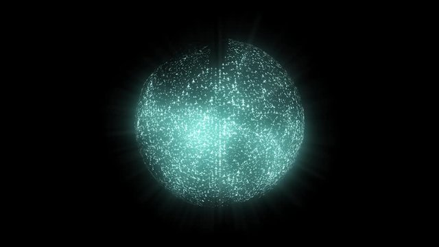 Abstract 3D sphere glowing and spinning around. Sphere with wireframes and glowing particles. Blue particle energy shere spinning