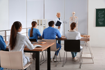 Medical students and professor studying human skeleton anatomy in classroom