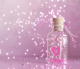 Obraz na płótnie Canvas Valentine's day romantic decoration background, pharmacy small bottle with a love potion, magic, heart, butterfly, key, lock, tinsel, pastel delicate colors, 3D rendering, place for text, soft focus