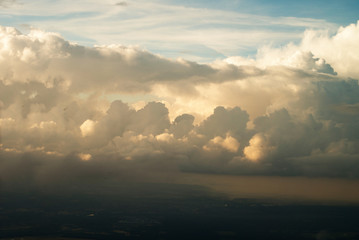 blue sky background with white clouds. Puffy clouds horizon. View from the airplane window. Atmosphere of Earth Sky Blue Daytime, Dark blue background transparent