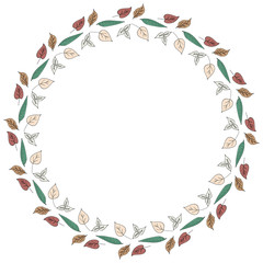 Round frame of horizontal different multicolored  leaves. Isolated nature frame on white background for your design.