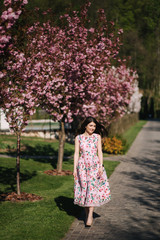 Attractive young girl walking in the park near the pink tree. Sakura tree, spring