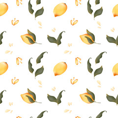 Digital illustration of seamless pattern a cute textured juicy yellow lemon, cloves, seeds, leaves, drops of juice. Print for packaging, posters, cards, invitations, banners.