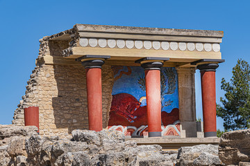 Minoan palace at Knossos on Greek Mediterranean Island of Crete partially reconstructed. Detail of ancient ruins. Heraklion, Crete, Greece.