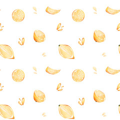 Digital illustration of seamless pattern a cute textured juicy yellow lemon, cloves, seeds, leaves, drops of juice. Print for packaging, posters, cards, invitations, banners.