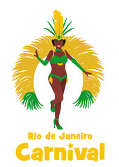 Brazilian samba dancer illustration. Stock vector isolated on white background. Beautiful woman in carnival costume at the festival in Rio de Janeiro.