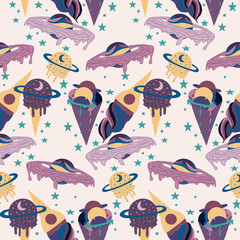 seamless pattern design with galactic ice. ream planets and ice cream and celestials