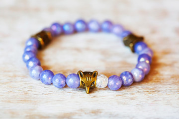 Fox metal brass pendant beed on violet angelite mineral stone bracelet