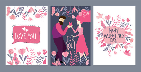 Fototapeta na wymiar Set of Valentine's Day greeting cards with couple in love, beautiful flowers and freestyle hand drawn lettering