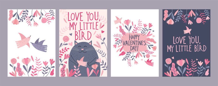 Set of Valentine's Day card with cute cartoon cat, flowers, birds and  freestyle hand drawn lettering 