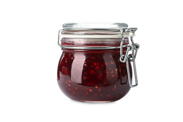 Jar of raspberry jam isolated on white