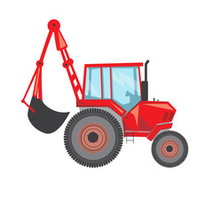 A tractor isolated on white background for design, a vector stock illustration of a flat side view of a construction machine or tractor in work