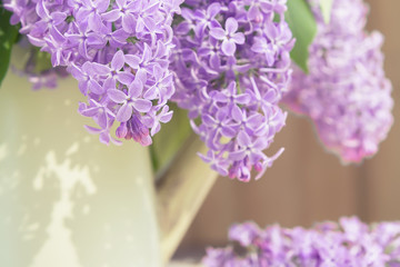 Lilac branches hanging from a vase in the shape of a watering can on a wooden wall background