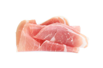 Tasty prosciutto on white background, top view