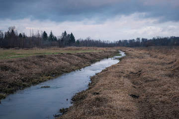 Utrata river at cloudy day near Nadarzyn, Poland - obrazy, fototapety, plakaty