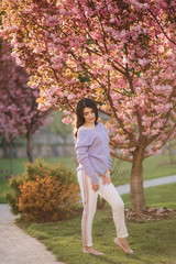 Attractive young woman in a purple sweater stand in front of sakura tree in the park