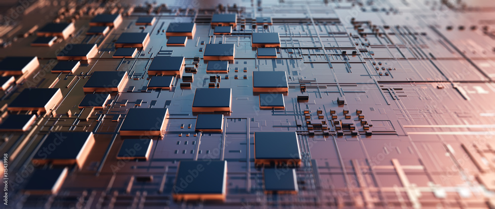 Poster Printed circuit board futuristic server/Abstract background circuit board futuristic server. Can be used as digital dynamic wallpaper, technology background. 3d rendering