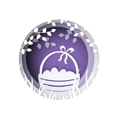 Vector background with basket and eggs in paper art style. Easter greeting card