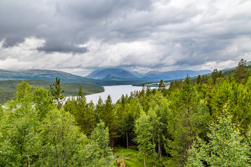 Sohlbergpassen viewpoint at Atnsjoen lake along Rondane National Scenic route in western Norway