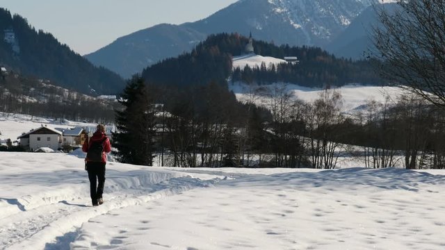 mountain excursion woman snow hiking waking