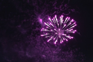 Beautiful inexpensive pink fireworks against the dark sky. With smoke.