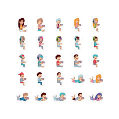 Isolated boys and girls with videogame control icon set vector design