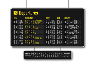 Departure and arrival board, airline scoreboard with digital led letters. Flight information display system in airport. Airport style alphabet with numbers